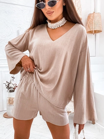 Lniany komplet bluzka oversize i szorty cappuccino (752)