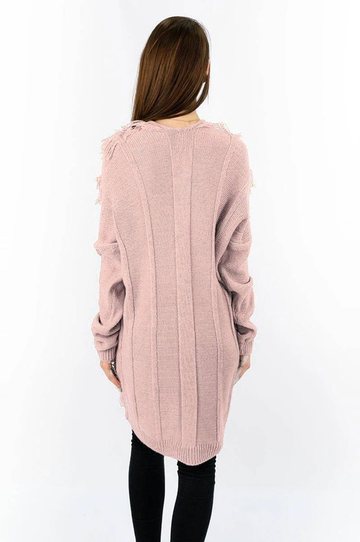 CIEPŁY SWETER Z FRĘDZLAMI PUDROWY RÓŻ (155ART)