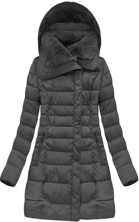 DŁUGA KURTKA DAMSKA ZIMOWA Z KAPTUREM GRAFITOWA (B1068-30)