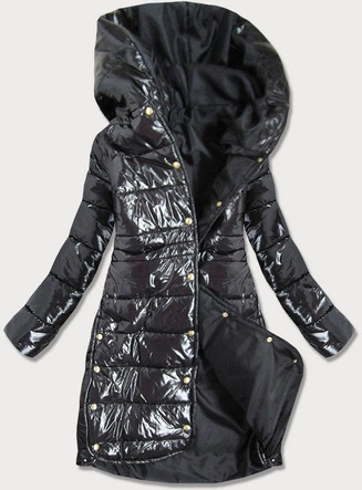 BŁYSZCZĄCY PŁASZCZ ZIMOWY DAMSKI CZARNY (635ART)