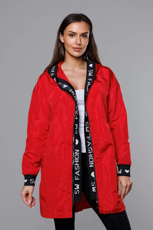 Cienka kurtka damska z ozdobną lamówką czerwona (B8145-4)