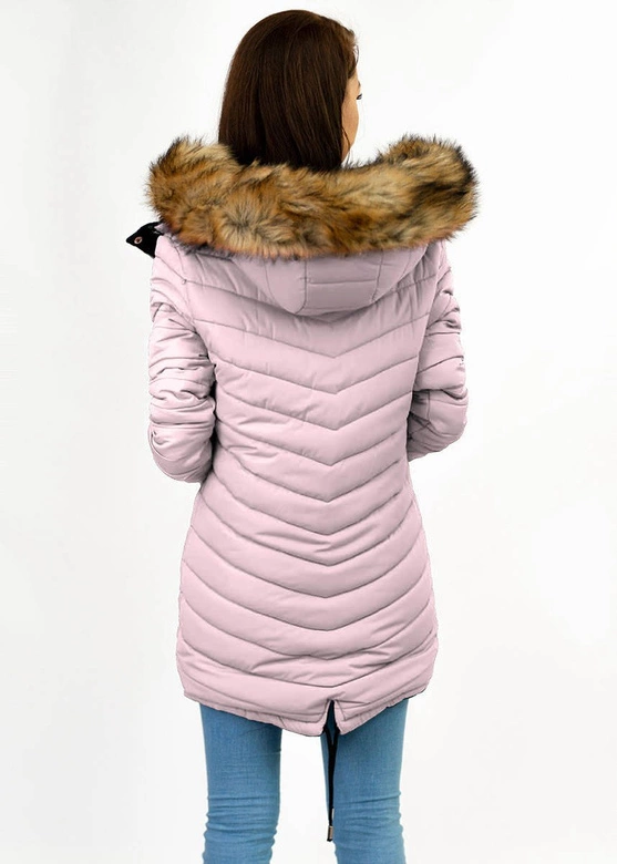 Dwustronna damska kurtka zimowa z kapturem granatowo-różowa (w211)