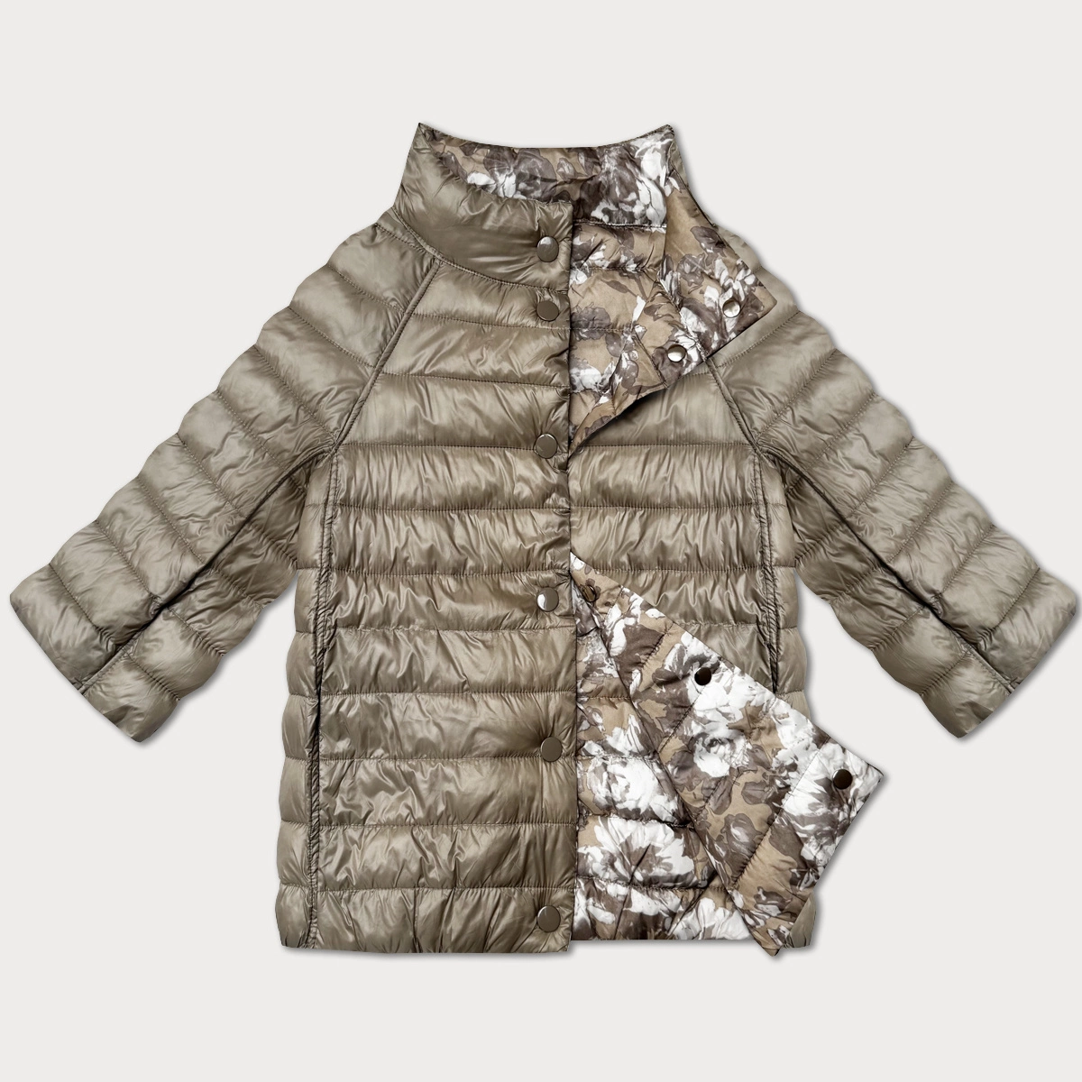 Dwustronna kurtka damska z rękawem 3/4 Minority beż/kwiaty (M23-7009-62)