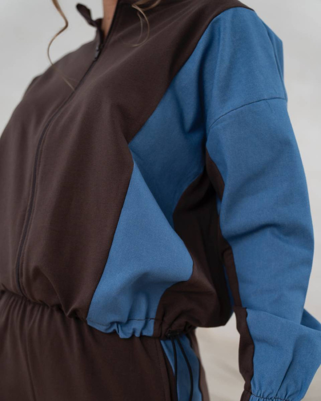 Komplet dresowy bluza na zamek + spodnie wide leg czekoladowo-niebieski (821151)