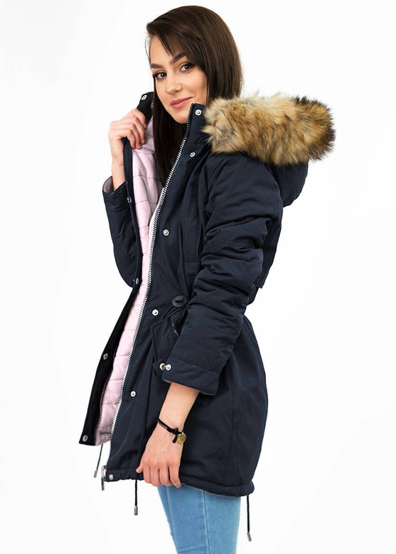 Dwustronna damska kurtka zimowa z kapturem granatowo-różowa (w211)