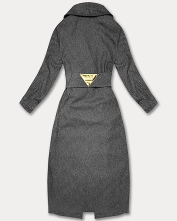 Długi płaszcz damski z paskiem S'West czarny-paseczki (B8542-1)