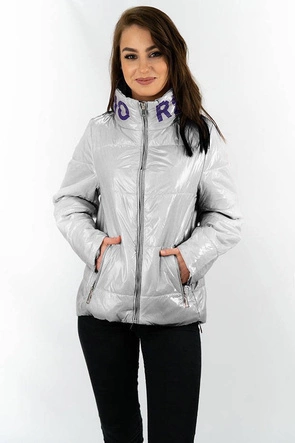 Krótka pikowana kurtka damska ze stójką srebrna (b9567)
