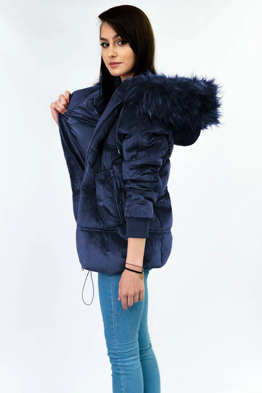 Sztruksowa damska kurtka z kapturem granatowa (7696)
