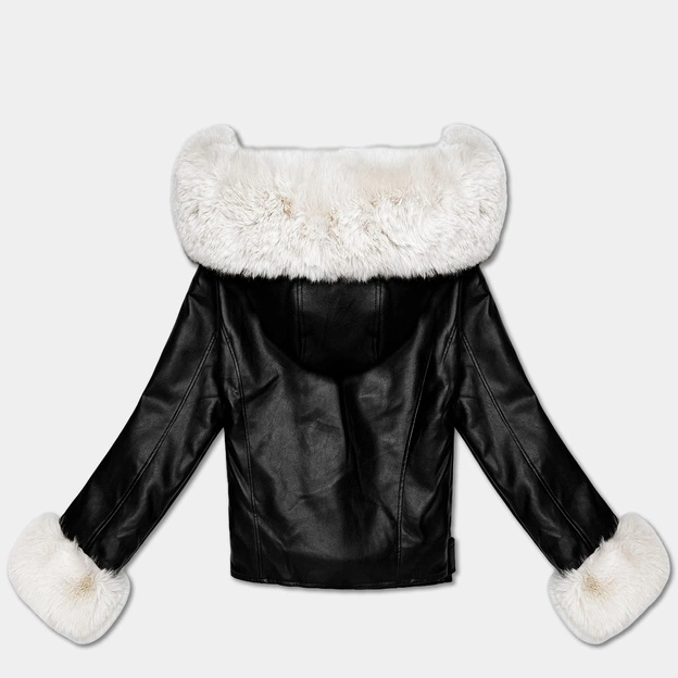 Damska ramoneska z futrzanym kapturem czarna/ecru (61M8506-392B)