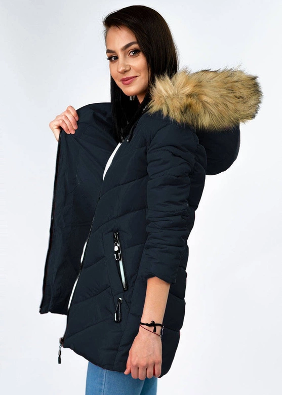 ZIMOWA PIKOWANA KURTKA DAMSKA Z KAPTUREM GRANATOWA (B2633)