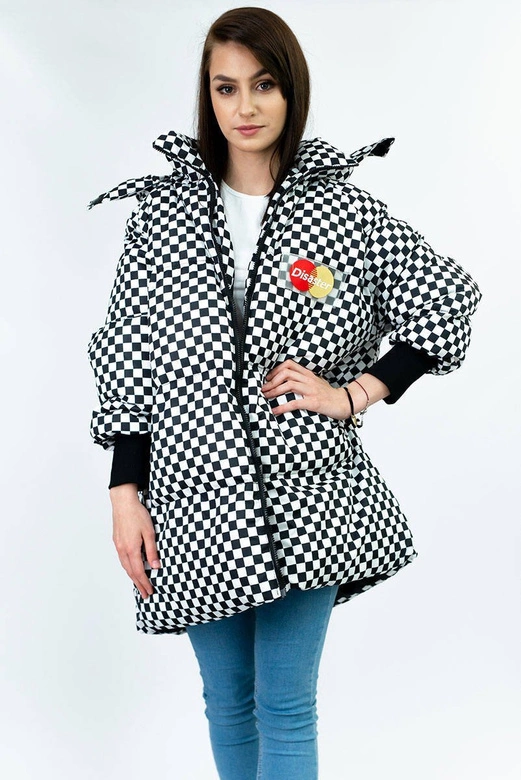 DAMSKA ZIMOWA KURTKA W KRATKĘ GRANATOWO-BIAŁA (701ART)