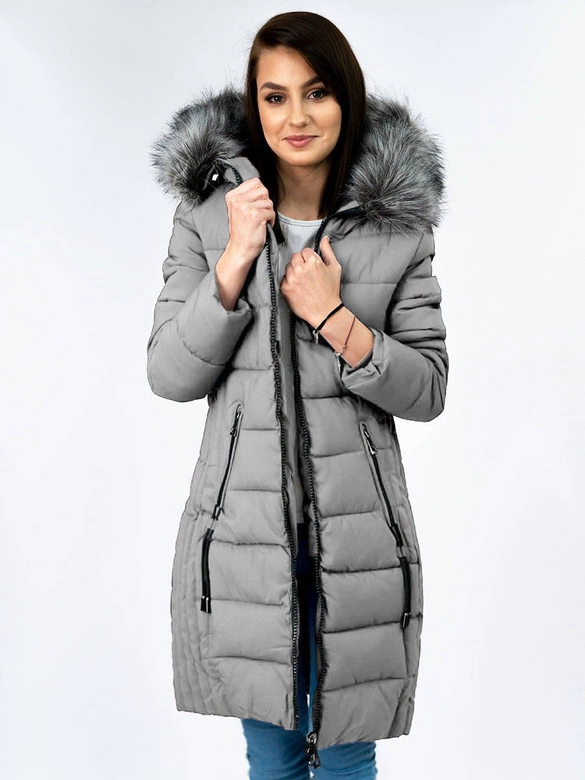 PIKOWANA DAMSKA ZIMOWA KURTKA Z KAPTUREM SZARA (B9501)