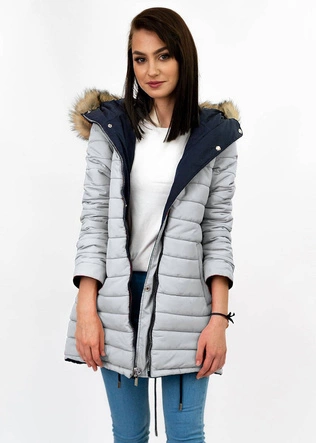 Dwustronna damska kurtka zimowa z kapturem granatowo-szara (w210)