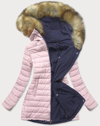 Dwustronna damska kurtka zimowa z kapturem granatowo-różowa (w213)