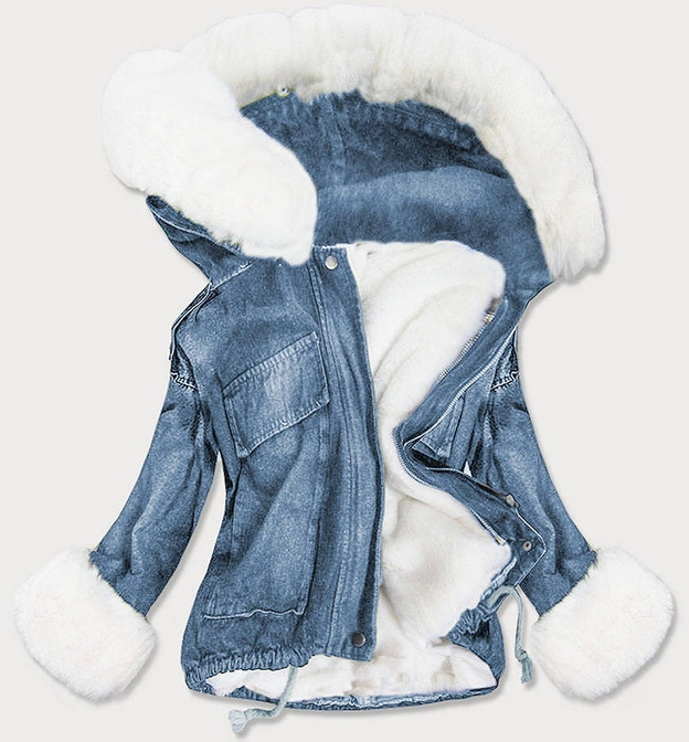 DAMSKA  KURTKA JEANSOWA Z FUTRZANĄ PODPINKĄ NIEBIESKO - BIAŁA (9023#)