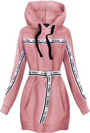 DŁUGA BLUZA Z PASKIEM PUDROWY RÓŻ (568ART)