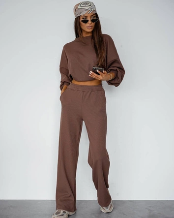 Waflowy komplet damski bluza + spodnie cappuccino (821108)