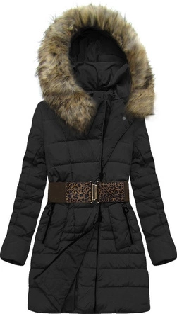 KURTKA Z KAPTUREM I PASKIEM CZARNA (X1213X)