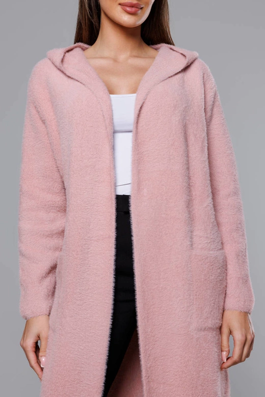 Długa wełniana narzutka alpaka z kapturem blady róż (M105-1)