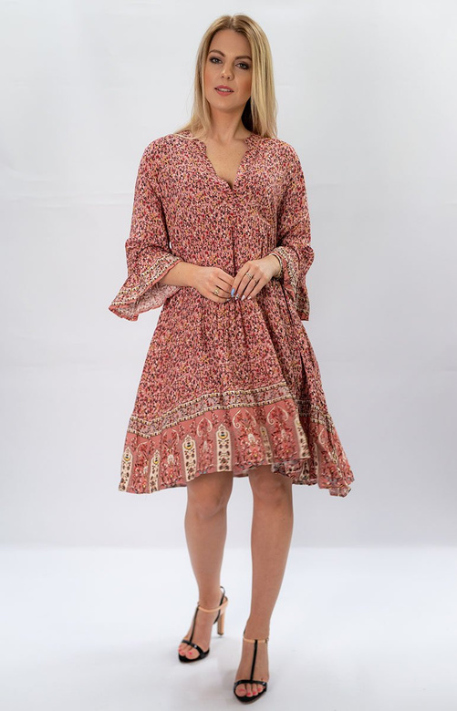 SUKIENKA BOHO W KOLOROWE KWIATKI RÓŻOWA (574/1ART)