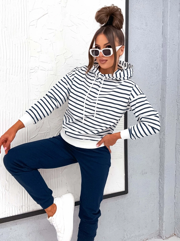 Bawełniany dres damski z bluzą w paski granatowy (82173)