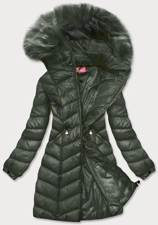 PIKOWANA KURTKA DAMSKA Z KAPTUREM CIEMNOZIELONA (8916-M)