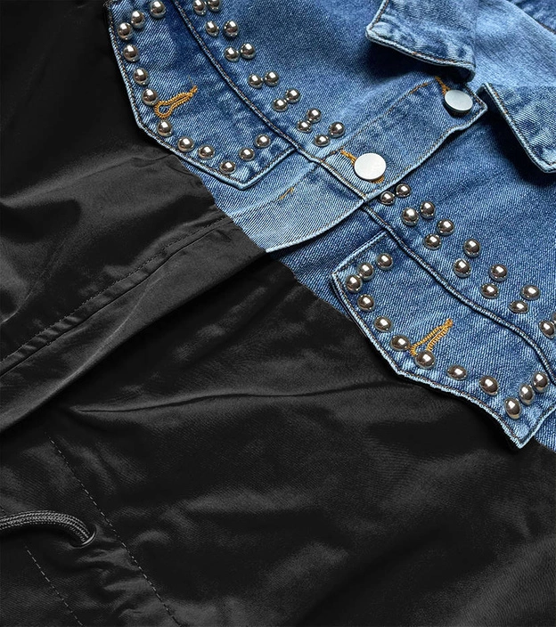 DAMSKA KURTKA JEANS DENIM Z ŁĄCZONYCH MATERIAŁÓW NIEBIESKO-CZARNA (PFFS12233)