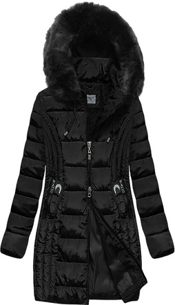 DŁUŻSZA DAMSKA KURTKA Z KAPTUREM CZARNA (B2620-30)