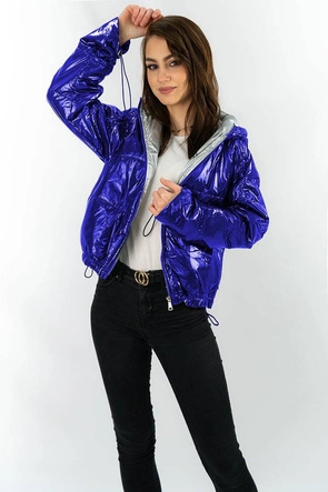 Błyszcząca pikowana kurtka damska z kapturem niebieska (b9560)