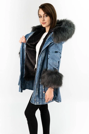 DAMSKA KURTKA JEANSOWA Z FUTRZANĄ PODPINKĄ NIEBIESKO - GRAFITOWA (T2870)