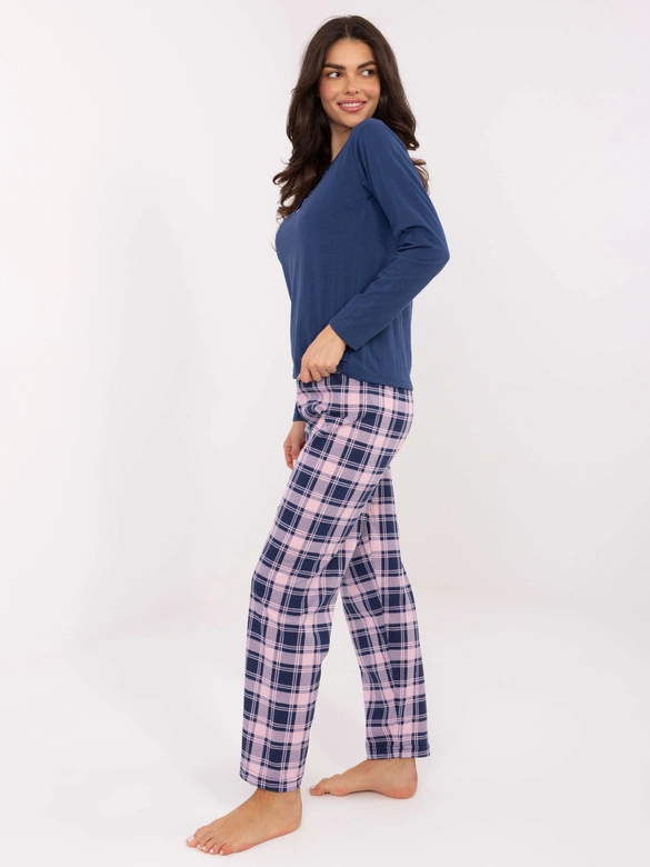 Bawełniana piżama damska ze spodniami w kratę Goodlookin granat/róż (004)