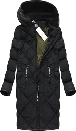 PIKOWANY PŁASZCZ ZIMOWY MIDI CZARNY (8049)