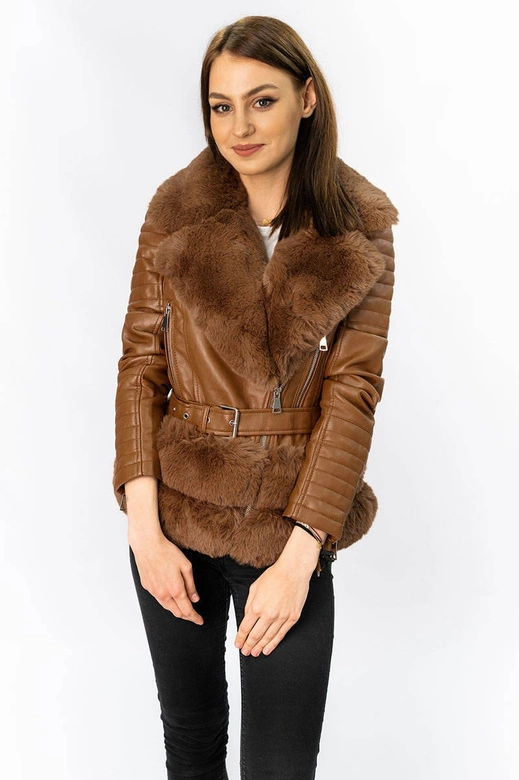 RAMONESKA Z FUTRZANYM KOŁNIERZEM BRĄZOWA (0580)