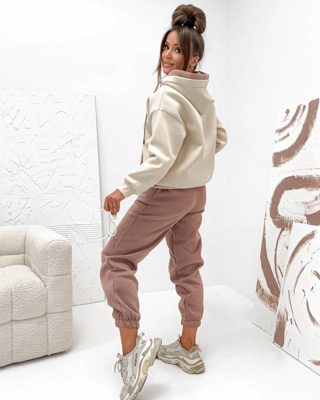 Gruby dwukolorowy dres damski cappuccino (VE102)