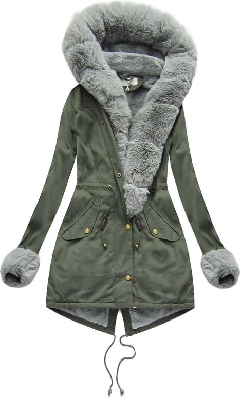 BAWEŁNIANA PARKA DAMSKA ZIMOWA Z FUTREM KHAKI-SZARA (K720)