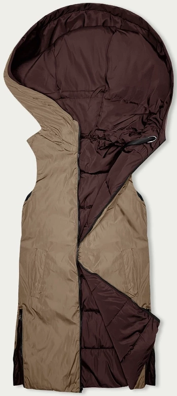 Długa kamizelka damska dwustronna brąz-beż (B8248-14)