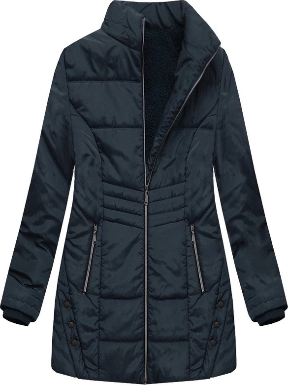 DŁUŻSZA PIKOWANA KURTKA DAMSKA Z KAPTUREM GRANATOWA (B2625-30)