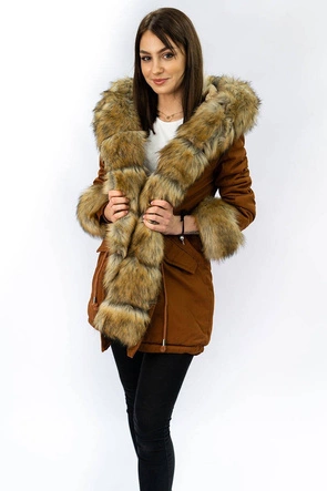 Bawełniana damska parka zimowa z futrem karmelowa (xw793x)