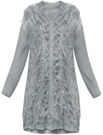 CIEPŁY SWETER Z FRĘDZLAMI JASNOSZARY (155ART)