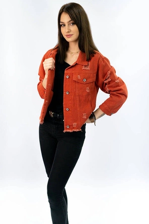 KRÓTKA DAMSKA KURTKA JEANSOWA CEGLANA (621ART)