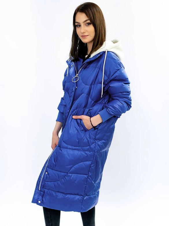 ZIMOWY PŁASZCZ DAMSKI OVERSIZE Z PUCHEM NATURALNYM NIEBIESKI (17127)