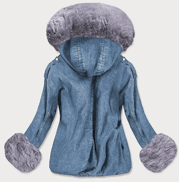 DAMSKA KURTKA JEANSOWA Z FUTRZANĄ PODPINKĄ NIEBIESKO - SZARA (9023#)