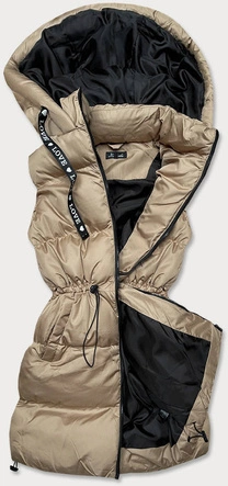 PUCHOWA KAMIZELKA DAMSKA Z KAPTUREM BEŻOWA (738ART)