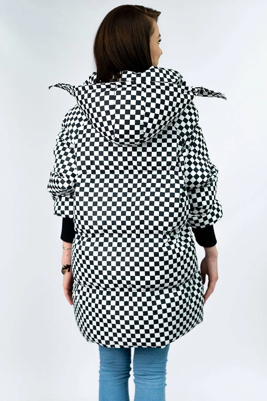 DAMSKA ZIMOWA KURTKA W KRATKĘ CZARNO-BIAŁA (701ART)