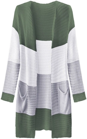 AŻUROWY KARDIGAN Z KIESZENIAMI KHAKI-BIAŁY (221ART)