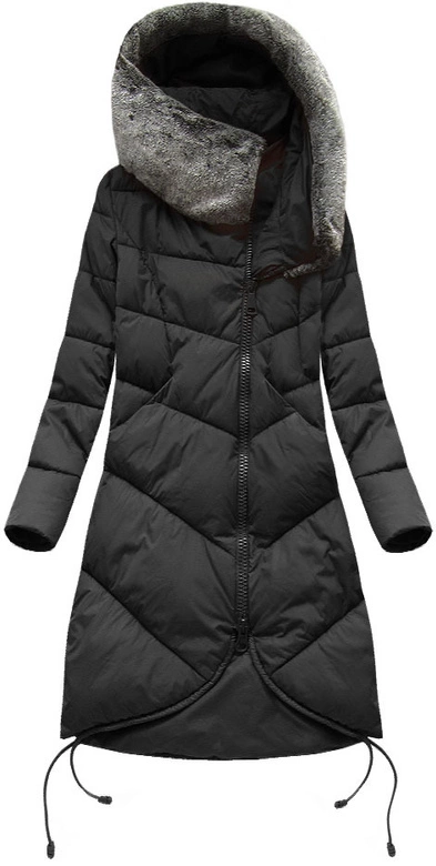 Długa kurtka zimowa z kapturem czarna (7755)