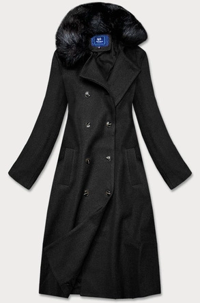 Długi płaszcz z futrzanym kołnierzem czarny (20201202)