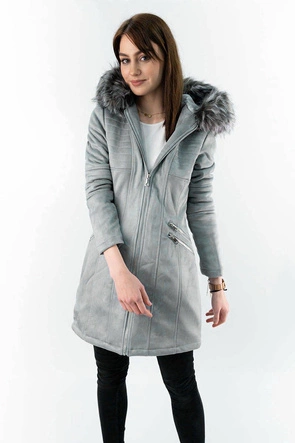 ZAMSZOWA DAMSKA KURTKA ZIMOWA Z KAPTUREM SZARA (6516)