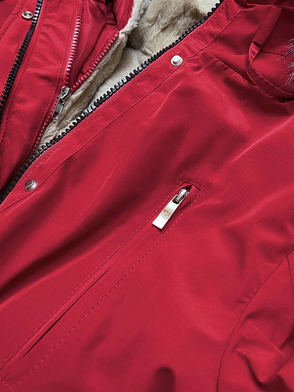 Damska kurtka zimowa na misiu czerwony-ciemny beż (w553)