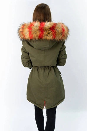 Kurtka parka damska zimowa khaki-czerwona (x619x)